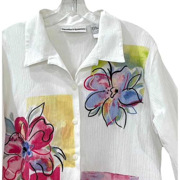 Tops - Drapers & Damons Womens Blouse L White Floral Crinkle Embroidery Beads See Notes